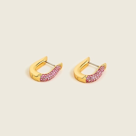 J.Crew Oblong pavé hoop earrings NWT Gold Brass Pink Glass BD887 - Picture 1 of 9